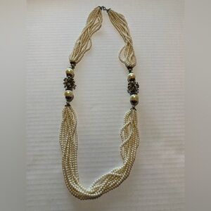 Vintage Faux Pearl Necklace - With Rhinestones 32” Length